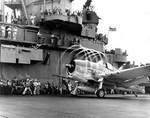 F6F Hellcat fighter of US Navy VF-5 preparing to launch off Yorktown (Essex-class) to attack a target in the Marshall Islands, 20 Nov 1943