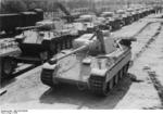 Panzer V Panther Ausf. D medium tanks on rail cars waiting to be shipped to the front, Apr-May 1943