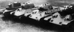 Russian tanks A-8 (BT-7M), A-20, T-34 Model 1940, and T-34 Model 1941, circa 1940s