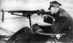 Polish soldier with a Browning wz. 28 automatic rifle on the sidecar of a Sokól 1000 motorcycle, 1930s