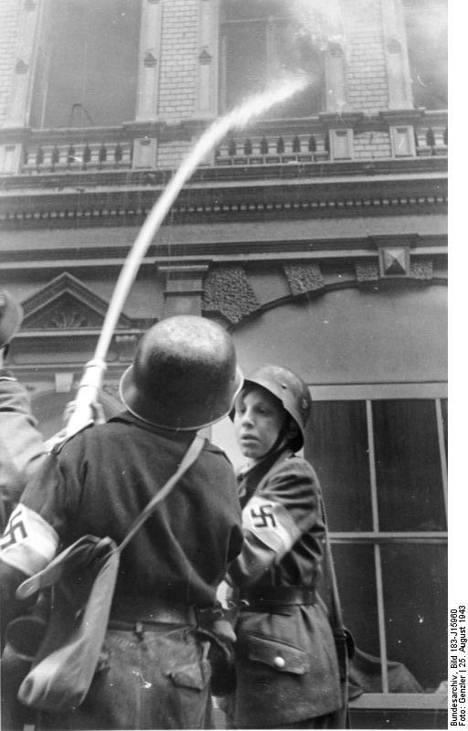 Hitler Youth firefighters in action, Düsseldorf, Germany, 25 Aug 1943