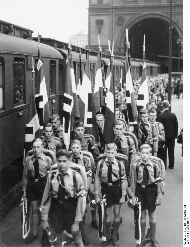 Hitler Youth boys from Steglitz and Tempelhof areas of Berlin waiting to board a train for summer camp, Berlin, Germany, late Jun 1937