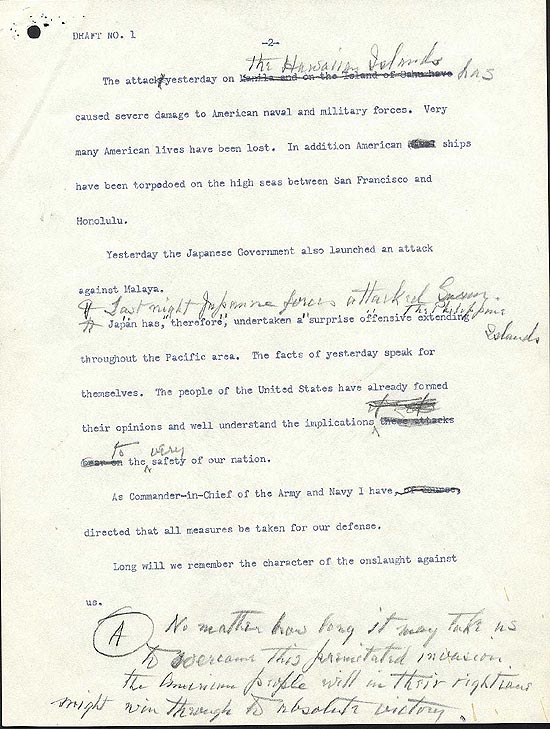 Draft number 1 of Franklin Roosevelt's 'Day of Infamy Speech', page 2 of 3