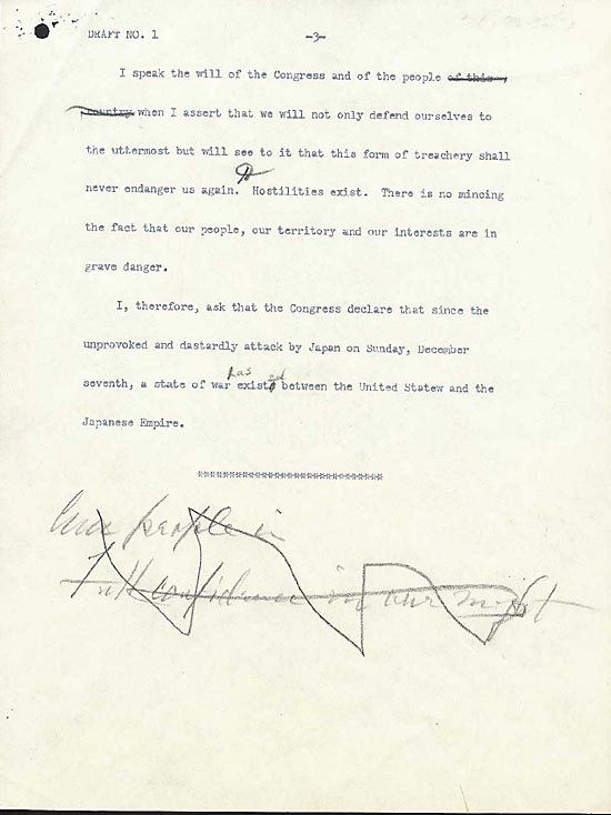 Draft number 1 of Franklin Roosevelt's 'Day of Infamy Speech', page 3 of 3