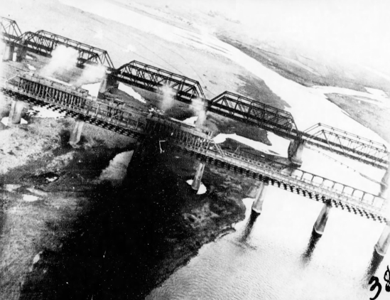 Aerial view of bridges over Daitokei River (now Dadu River) in Shoka (now Changhua), Taiwan, 14 May 1945