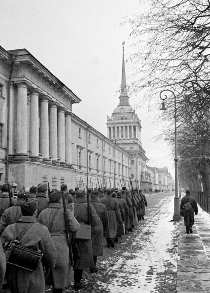 Conscripts of the Soviet Universal Military Training program marching in Leningrad, Russia, 9 Oct 1941