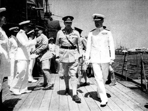 Vice Admiral Andrew Cunningham and Major General Bernard Freyberg aboard HMS Phoebe off Crete, Greece, May 1941