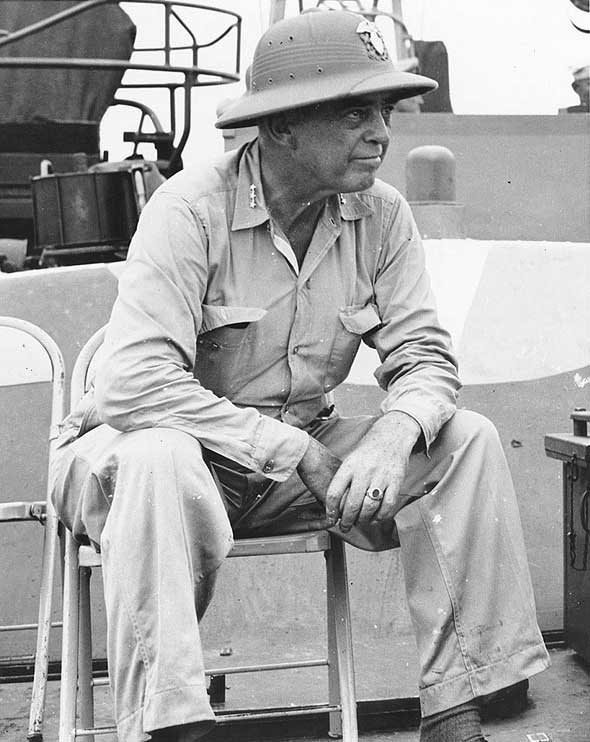 Kinkaid aboard a motor torpedo boat in the Leyte-Samar area, Philippines, 1945