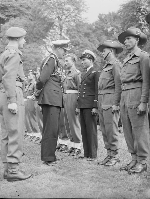 Lord Louis Mountbatten inspecting Malayan troops at Kensington Gardens, London, England, United Kingdom, Jun 1946