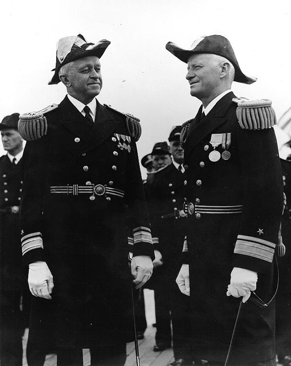 Rear Admiral Russell Willson relieving Rear Admiral Chester Nimitz as Commander US Navy Battleship Division One aboard USS Arizona, San Pedro, California, United States, 26 May 1939