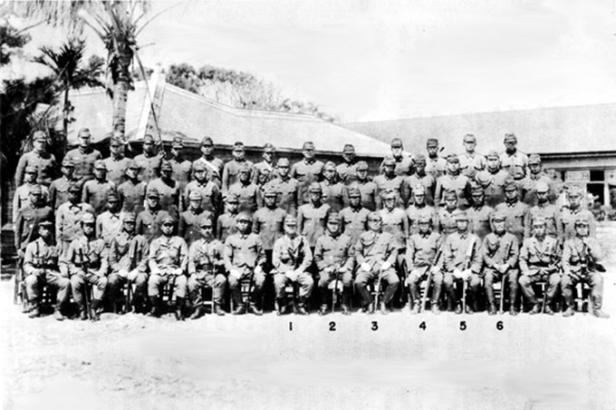 Japanese officers Rear Admiral Minoru Ota, Lieutenant General Mitsuru Ushijima, Lieutenant General Isamu Cho, Colonel Hitoshi Kanayama, Colonel Kiuji Hongo, and Colonel Hiromichi Yahara, in numbered order, Okinawa, Japan, early Feb 1945