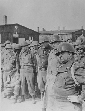 George Patton, Omar Bradley, and Walton Walker touring the Ohrdruf Concentration Camp, Gotha, Germany, 12 Apr 1945