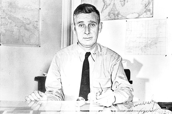 Joseph Rochefort at his desk, 1944; note his handwriting 'Sincerely Joe Rochefort Capt. USN'