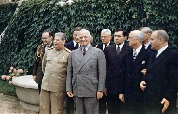 Joseph Stalin, Harry Truman, Andrei Gromyko, James Byrnes, Vyacheslav Molotov, Harry Vaughn, Charles Bohlen, James Vardaman, and Charles Griffith Ross (partially obscured) at the Potsdam Conference, Germany, 18 Jul 1945