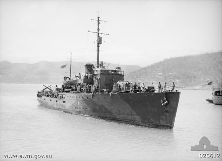 Australian corvette HMAS Armidale in Port Moresby harbor, New Guinea, Sep 1942