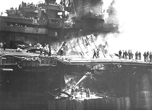 Wreckage of Kiyoshi Ogawa's aircraft after his special attack on USS Bunker Hill, off Okinawa, Japan, 11 May 1945