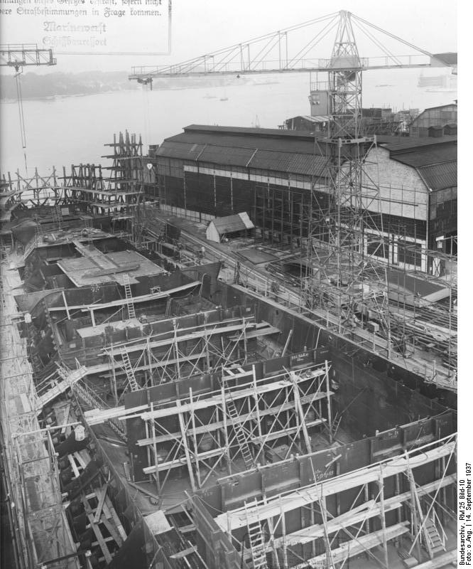 German carrier hull Flugzeugträger A (future Graf Zeppelin) under construction, Kiel, Germany, 22 Mar 1937, photo 8 of 9