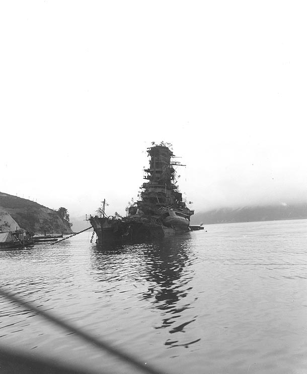 Battleship Haruna in her sunken state at Kure, Japan, Oct 1945