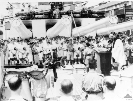 Religious service aboard HMS Howe, Sydney, Australia, Dec 1944