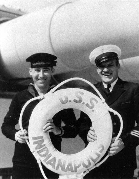 Crewmen of Indianapolis holding her life ring, circa 1935