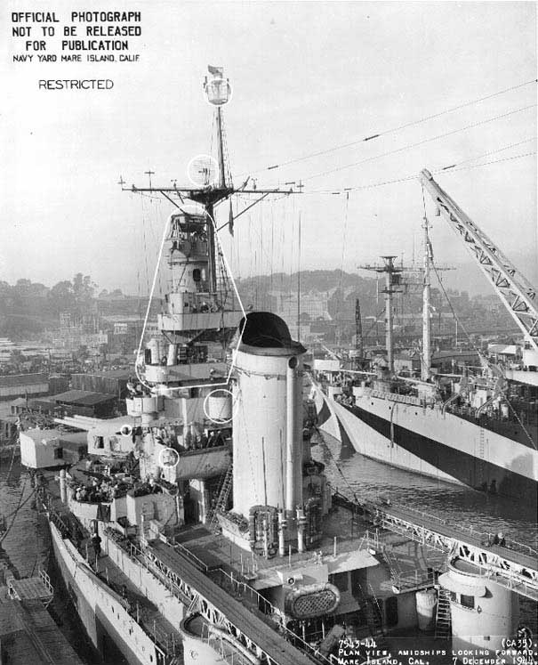 View of Indianapolis' port forward half, Mare Island Navy Yard, 7 Dec 1944