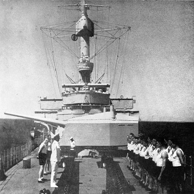 Crewmen of Königsberg on her foredeck, circa 1931