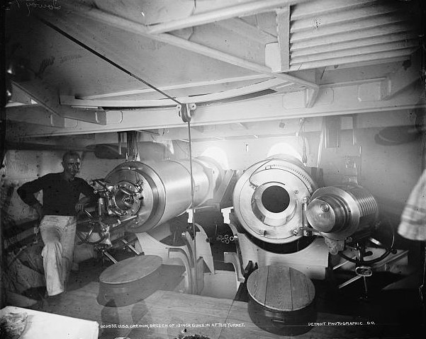 Breech of after turret 13-inch guns aboard USS Oregon, circa 1898