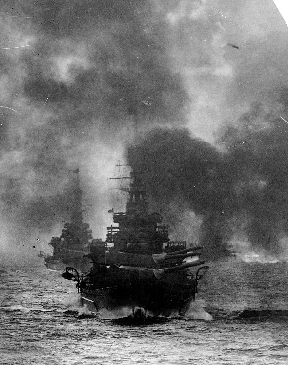 Repulse firing 15-in guns during fleet maneuvers off Portland, England, United Kingdom, 1920s; photo taken from Hood; note Renown next in line