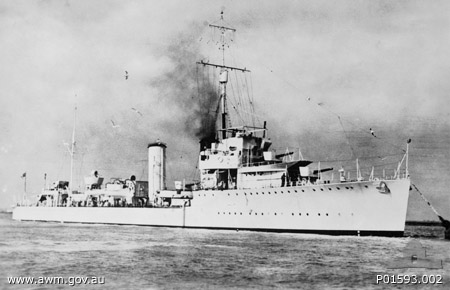 Starboard view of HMAS Stuart, off Sydney, Australia, 2 Jan 1938; note black band around her forefunnel, indicating her as flotilla leader