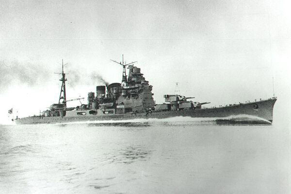 Japanese heavy cruiser Takao on a trial run off Tateyama, Tokyo Bay, 14 Jul 1939