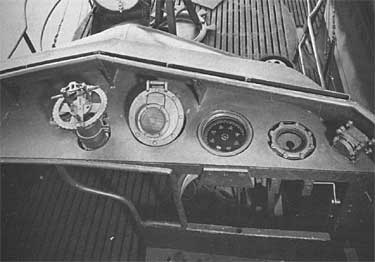 Instrument panel at the open bridge of USS Tang, 1940s; left to right: target bearing transmitter, speaker-microphone, gyrocompass repeater, rudder angle indicator, and diving alarm