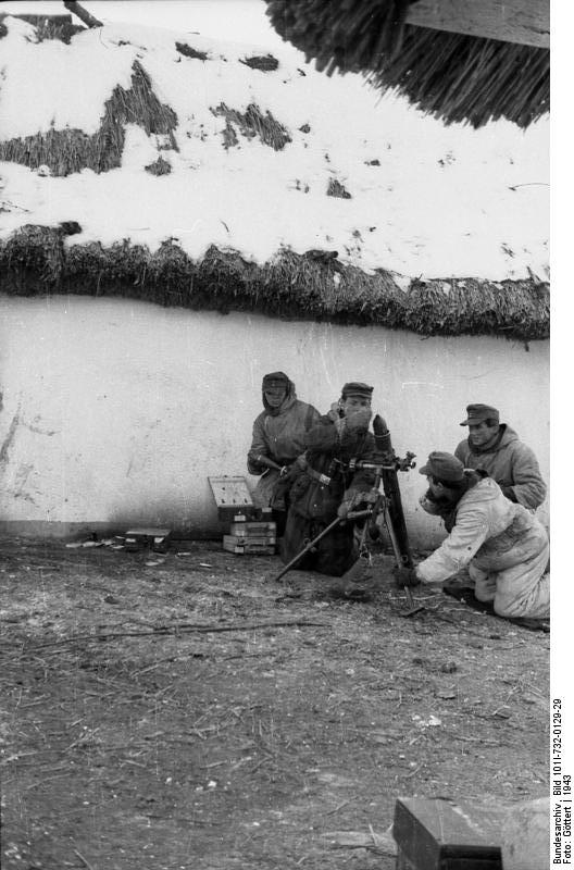 8 cm GrW 34 mortar crew of German Grossdeutschland Division fighting in Belgorod, Russia, 1943