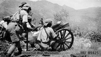 Iraqi QF 3.7 inch mountain howitzer in action against Sheik Ahmad's rebel forces, near Barzan, Iraq, Jun 1932